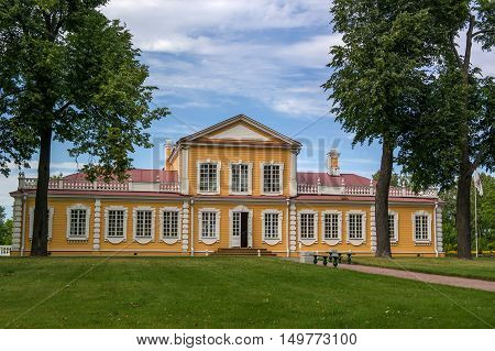 Travel Palace of Emperor Peter the Great in Strelna suburb of St.Petersburg Russia. Start of construction - 1716. View from the St. Petersburg highway.