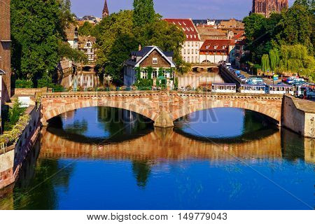 Old Historical Center Of Strasbourg. Fortress Towers And Briges In Little France With Reflection In