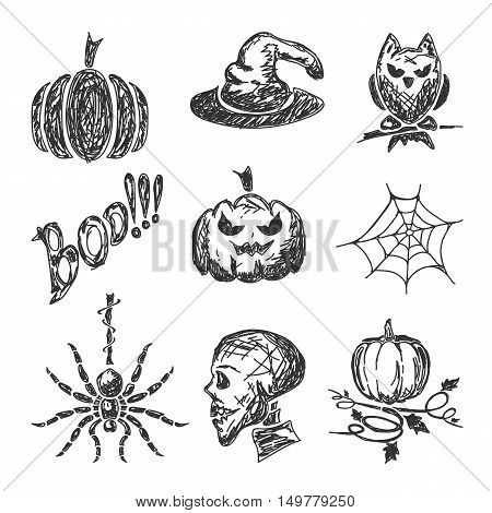 Halloween theme, set of sketches holiday icons, isolated on white background, illustration.