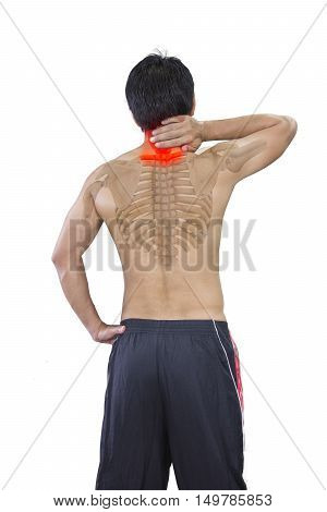 Young man has terrible neckache and skeleton