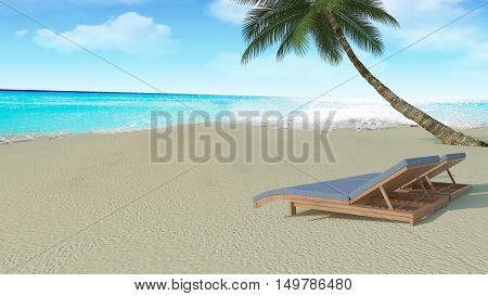 Summer beach lounge with chairs by a jetty on a tropical idyllic beach and sea with cloud sky background-3D rendering