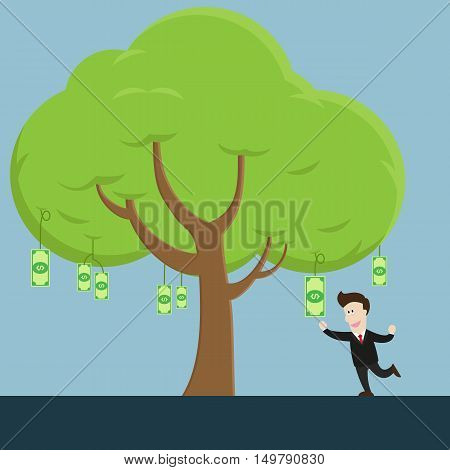 businessman try to collect money bill fruit from tree. many money bills on tree.