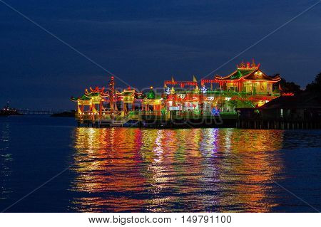 GEORGETOWN MALAYSIA - MAY 29: closeup view of Hean Boo Thean Kuanyin Chinese Buddhist temple in Clan Jetties. Built on stilts over the harbor of George Town