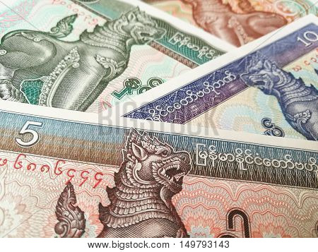 Myanmar Kyats paper bank notes background, close up
