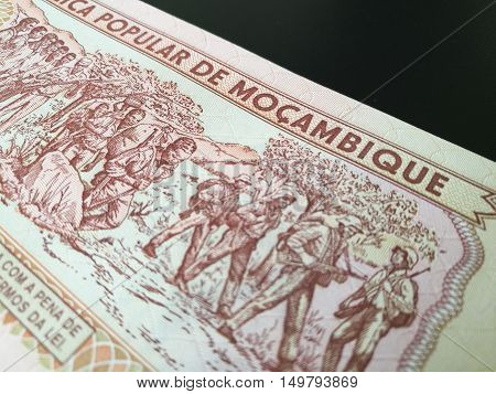 Close up of Mozambican Metical, Mozambique paper bank note, Mocambique money