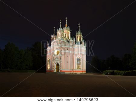 Old Chesmenskaya (Nativity) Church, cloudy summer night. Saint Petersburg