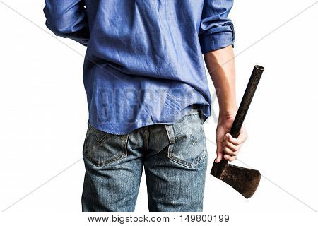 A guy holding old rusty axe, close up rear view, isolated on white background