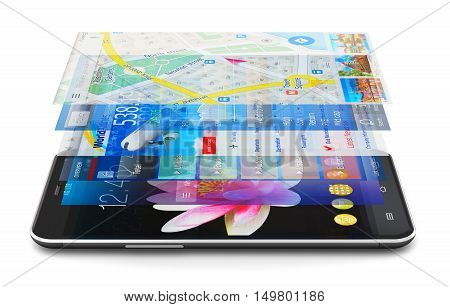 3D render illustration of modern metal black glossy touchscreen smartphone or mobile phone with group of colorful application screen interfaces with color icons and buttons isolated on white background