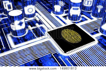 Secure circuit board with IOT icons in blue with a yellow fingerprint on the main chip 3D illustration security concept