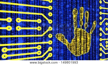 Handprint embedded in a circuit board on a blue digital datastream background 3D illustration