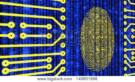 Fingerprint embedded in a circuit board on a blue digital datastream background 3D illustration