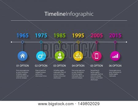 Vector dark Infographic timeline report template with lines and icons.