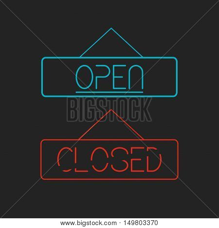 Open and Closed neon signboards. For cafe, shop, restaurant. Vector illustration