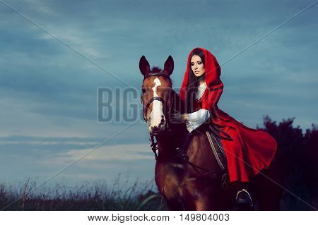 Beautiful Red Hood Princess Riding a Horse