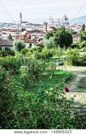 View from Giardino delle Rose to the city of Florence. Tuscany Italy. Travelling scene. Beautiful place. Vertical composition. Cradle of the renaissance. Cultural heritage.