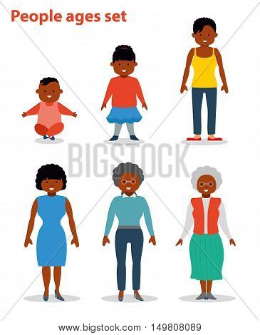 African american ethnic people generations at different ages. Woman african american ethnic aging - baby, child, teenager, young, adult, old. Flat illustration