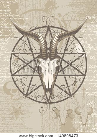 pentagram with the image of a goat skull on the background of the papyrus with occult symbols