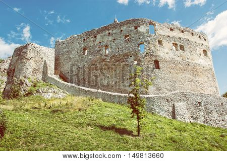 Ruin castle of Topolcany Slovak republic central Europe. Ancient architecture. Yellow photo filter. Beautiful place. Travel destination.