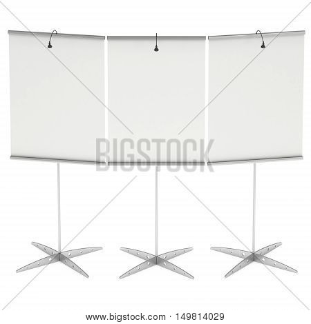 Blank Roll Up Expo Banner Stand. Trade show booth white and blank roll-up. 3d render illustration isolated on white background. Template mockup roll up banner for your expo design.