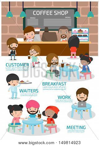Coffee shop. urban society concept. infographic element. vector flat icons cartoon design. illustration. isolated on white background. Vector elements of coffee shop infographic.