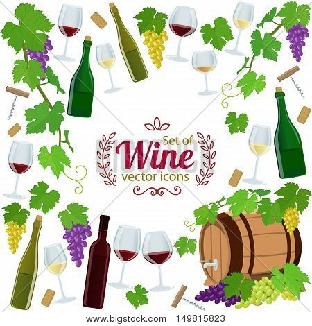 Background of wine icons with round frame. Template for packaging cards posters menu. Vector stock illustration.