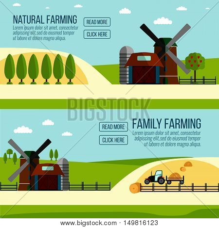 Natural And Famaly Farming Banner. Agriculture Farming And Rural Landscape Background. Elements For