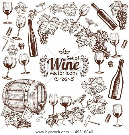 Background of sketch wine icons with round frame. Template for packaging cards posters menu. Vector stock illustration.