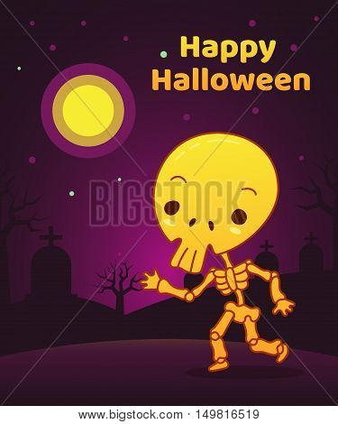 Skeleton At Night, Halloween Character, Vector Illustration Background