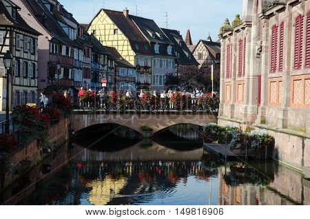 COLMAR, FRANCE - SEPTEMBER 12: View from the river La Lauch by the market hall in the city Colmar in France on September 12, 2016.