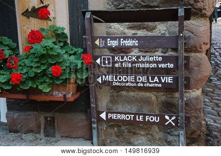 RIQUEWIHR, FRANCE - SEPTEMBER 13:  Idyllic street signs in the village Riquewihr in Alsace in France on September 13, 2016.