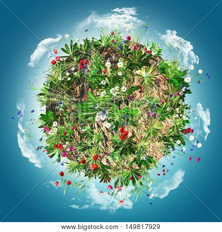 3D render of globe with wild flowers and clouds