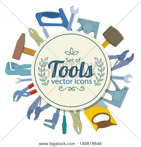 Circle shape template with repair tools icons for packaging cards posters menu. Vector stock illustration.