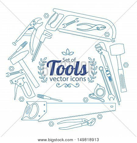 Round frame with repair tools icons. Template for packaging cards posters menu. Vector stock illustration.
