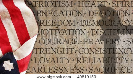 Qualities of a good soldier written on a wall. Usa Flag