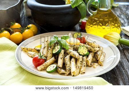 Penne With Basil Pesto, Parmesan Chesse And Tomatoes