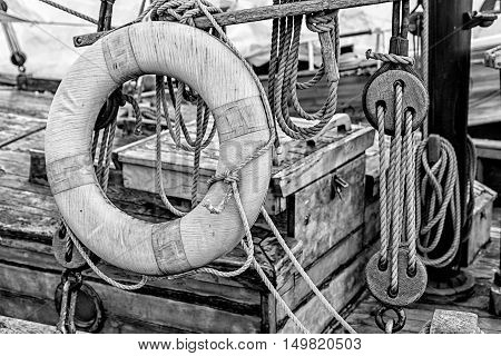 Detail of a windjammer in a port.