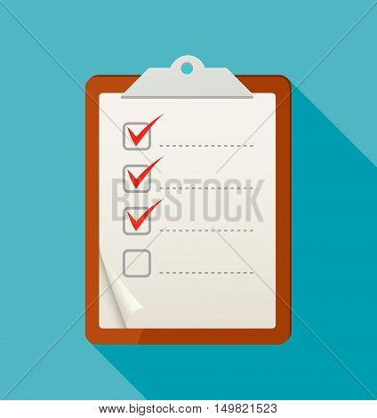 Flat check list icon with long shadow. Vector illustration.