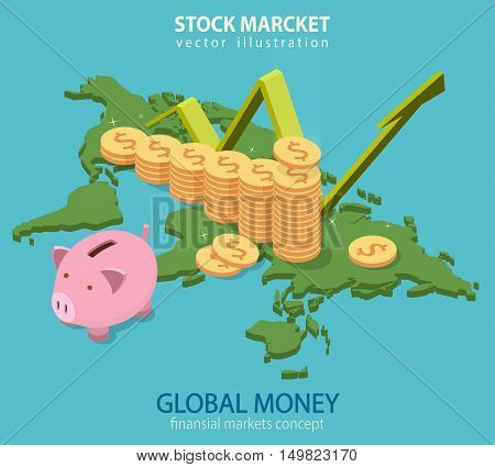 Business audit, financial analytics, statistics flat isometric vector concept. Chart world map in the background with money tower and piggy bank.
