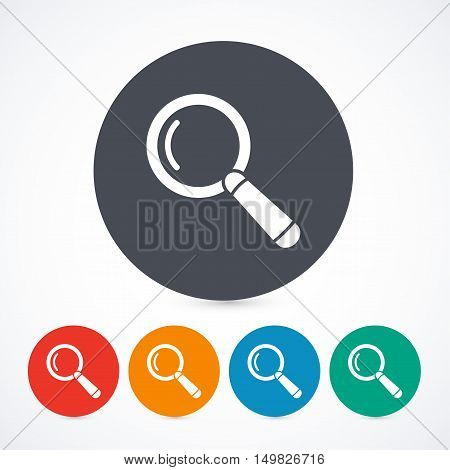 Magnify glass icons isolated on with background. Circle buttons. 5 different colors.