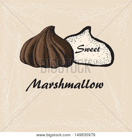 vector sketch of chololate marshmallows on retro background