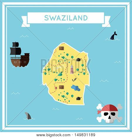 Flat Treasure Map Of Swaziland. Colorful Cartoon With Icons Of Ship, Jolly Roger, Treasure Chest And