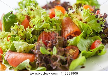Modern style smoked salmon salad with balsamic dressing in ceramic dish