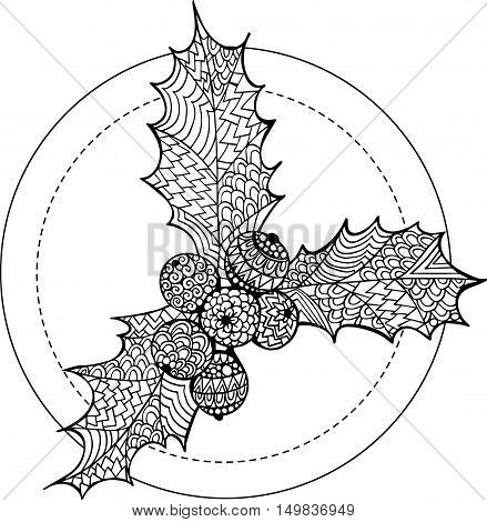 Hand drawn doodle ornate holly drawing. Christmas outline omela illustration