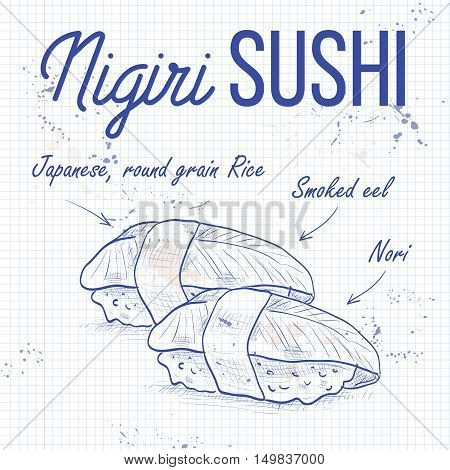 Vector nigiri sushi sketch, Unagi sushi on a notebook page
