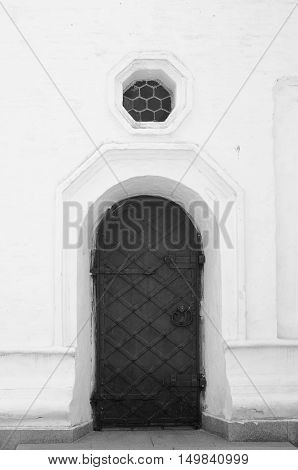 Iron Door Orthodox Church.Black and white photo.