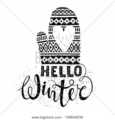 Hello winter text and knitted woolen mitten with heart. Seasonal shopping concept design for the banner or label. Isolated vector illustration.