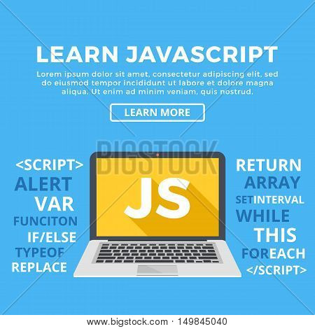 Laptop with JS word on screen. Learn Javascript, web development, programming, coding concept. Modern graphic for web banners, website, printed materials, infographics. Flat design vector illustration