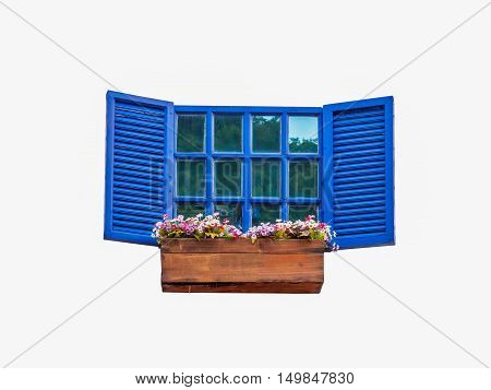 blue window with a flower pot isolated.