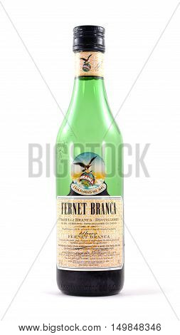 NEW YORK NY - OCTOBER 1st 2016: Green glass bottle of Fernet Branca - isolated