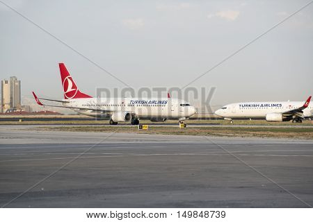 ISTANBUL ATATURK AIRPORT - TURKEY 12 June 2016 - Turkish Airlines plane is on taxiway for departure